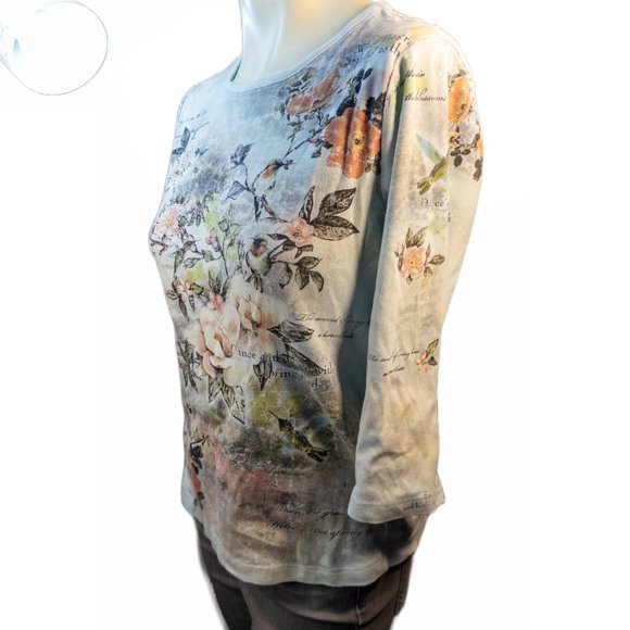 CACTUS Womens Size Medium Shirt Tee Blue Hummingbird Floral 3/4 Sleeve Y2K Top - Picture 2 of 10